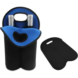 2 Bottle Wine Carrier Tote Bag for 750ML Wine Bottles, Neoprene Wine Bottle Travel Protector Bags, Reusable Insulated Wine Bag Tote Gift Bags for Travel/Restaurant/Party/Beach/Christmas, Black&blue