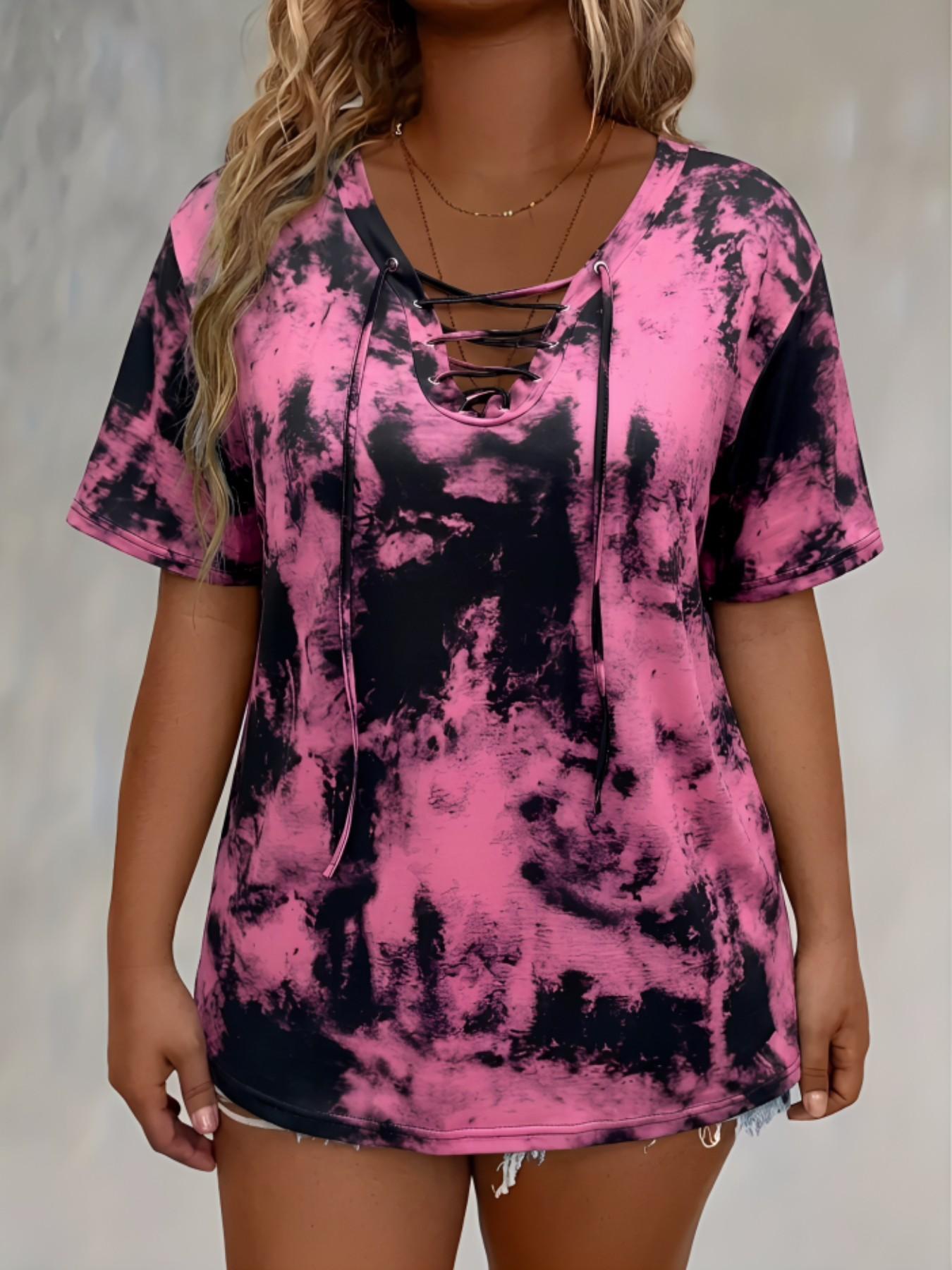 Plus Size Women's Tie Dye Print Front-Tie Adjustable Top, Casual Stretch Beachy Tee with Comfortable Fabric, Ideal for Daily Wear and Gifting