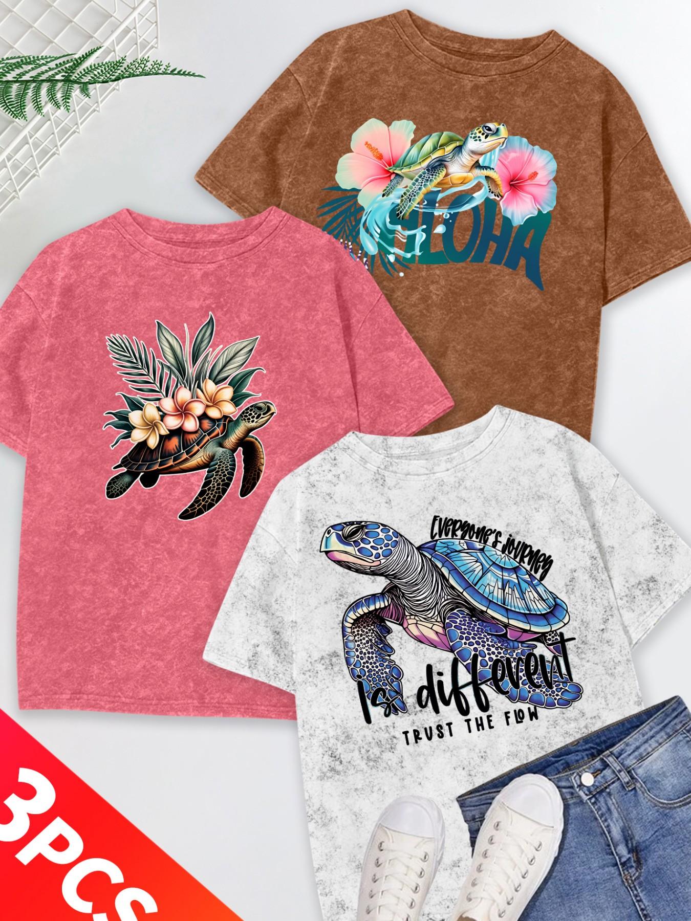 Women's 3-Pack Snow Wash Short Sleeve T-Shirt, Hawaiian Sea Turtle & Floral Print Set, Multiple Colors, Machine Washable, Spring & Summer Tops, Soft Skin-Friendly Fabric, Daily Wear, Fashion Design
