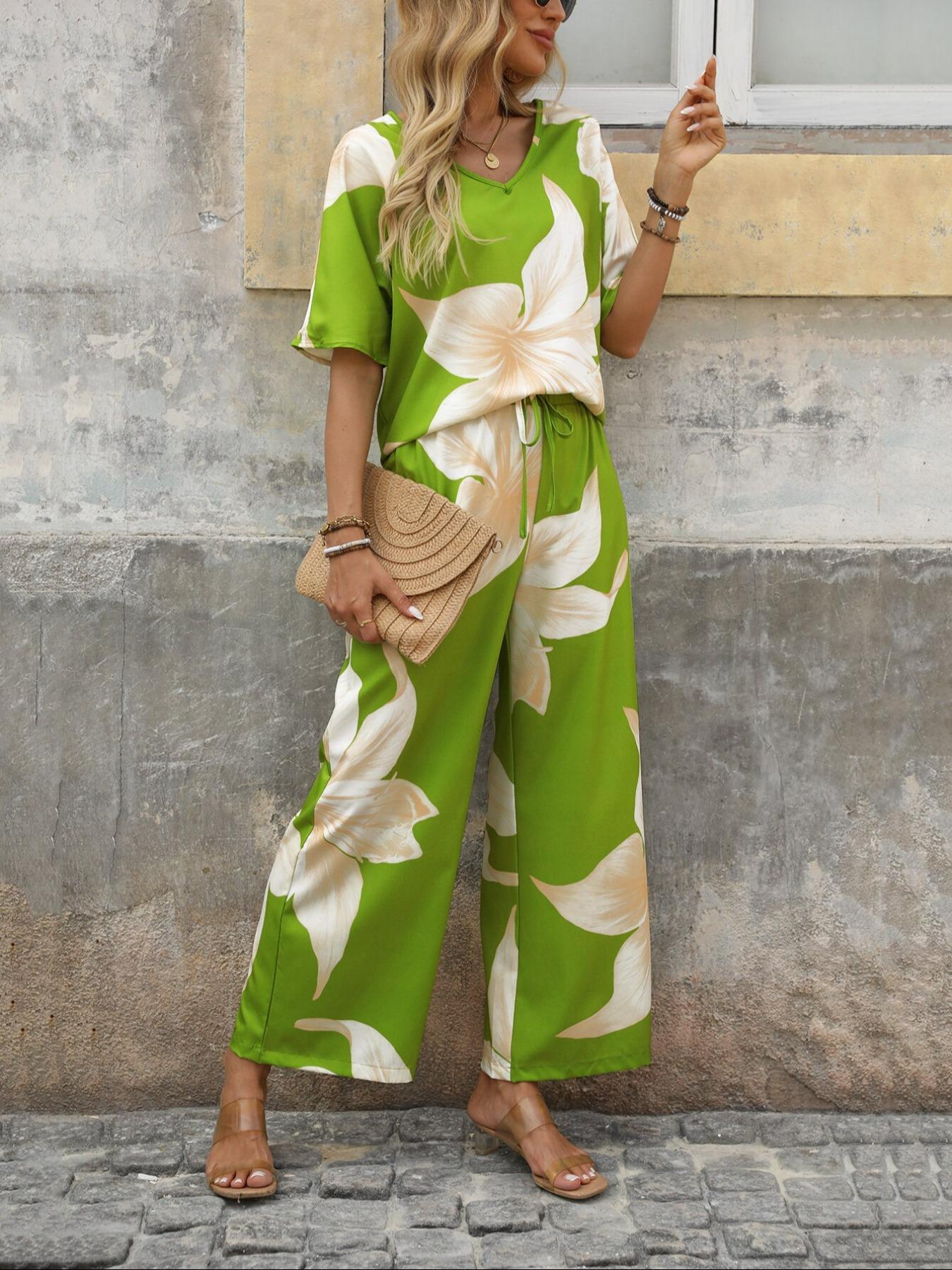 Women's Floral Print Blouse & Tie Front Wide Leg Pants Two-piece Set, Casual V Neck Top & Trousers for Summer, Ladies Clothes for Daily Wear, Womenswear