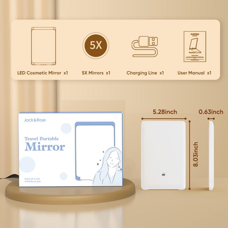 Jack & Rose Travel Makeup Mirror with 3 Color Lights，Adjustable Height and Angle,Portable Folding Mirror，Touchable Screen，Adjust Brightness