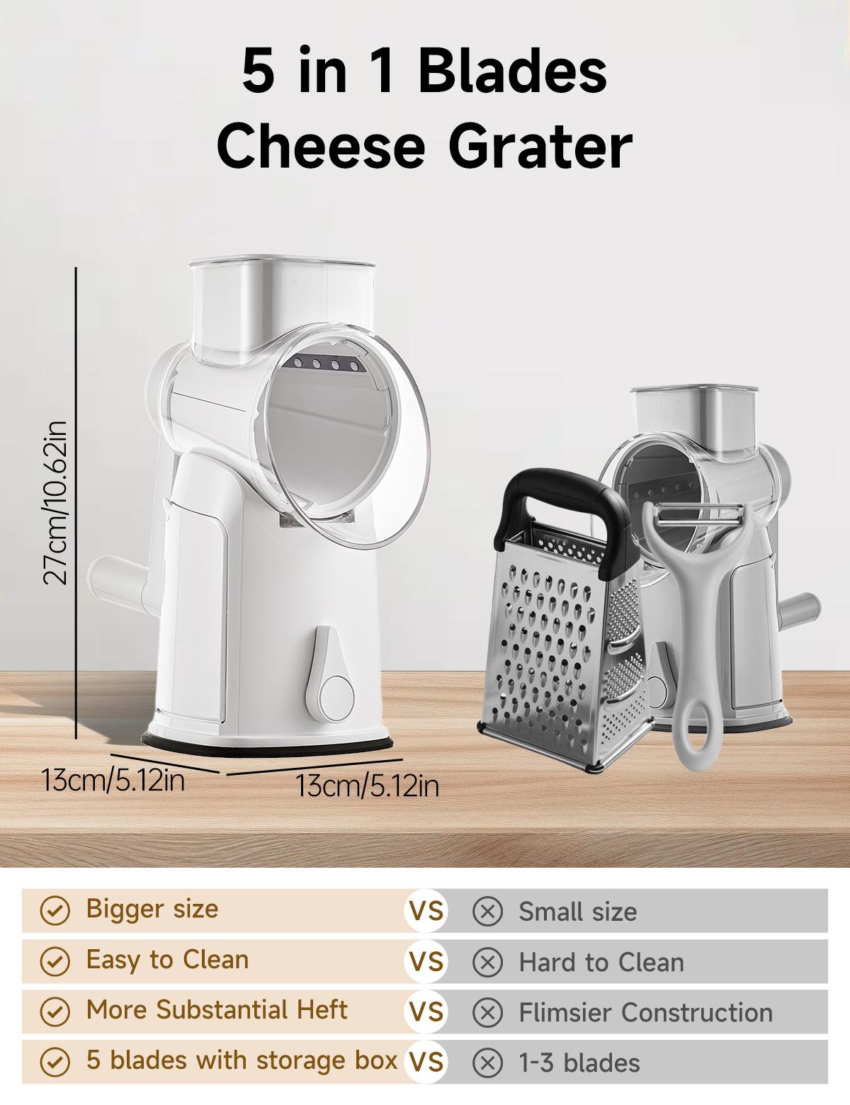 UFORU 5-in-1 Rotary Cheese Grater & Vegetable Chopper with Suction Base, 10 Stainless Blades & Safety Handle - for Cheese, Vegetables, Fruits & Shredding Chicken