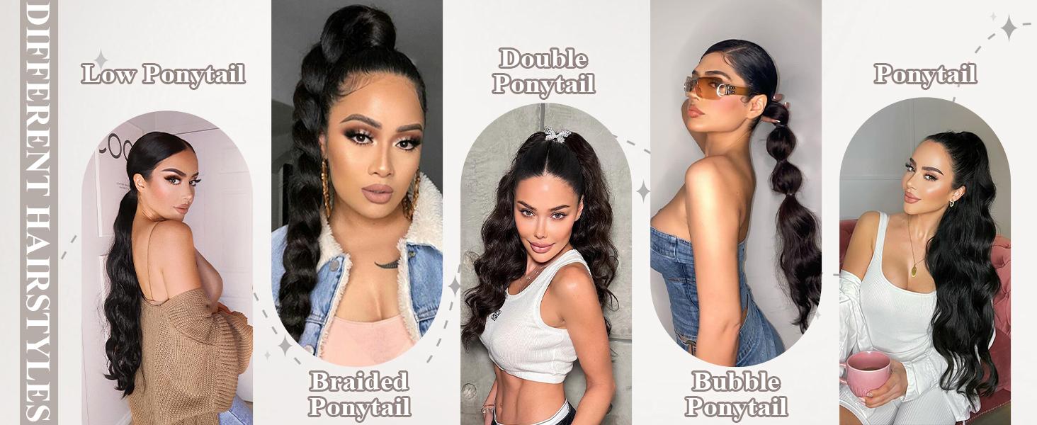 Iridescent Ponytail Hair Extension Drawstring Ponytail Extension for Women Long Body Wavy Curly 26 Inch Clip in Ponytail Extensions Synthetic Heat Resistant Ponytail Extension