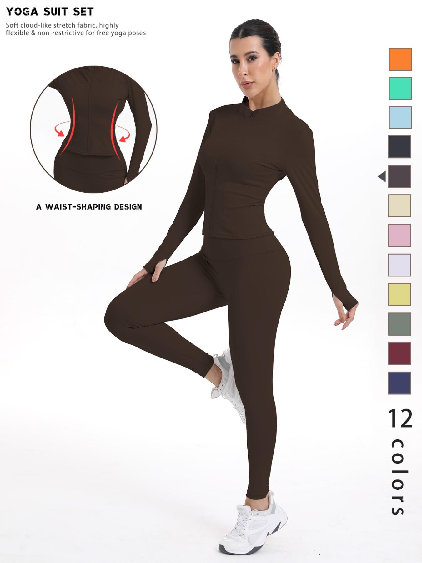 Women's Sporty Quick-Dry Two-Piece Set, New Fashion Slim Fit Yoga Pants, High Elasticity Long Sleeve Top, 12 Colors Available