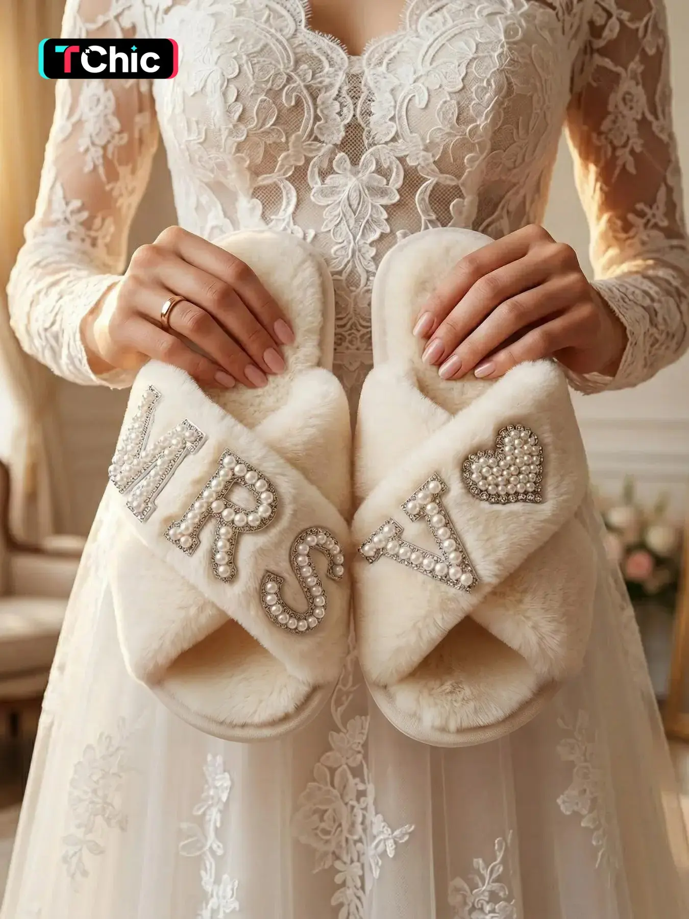 Ivory Cross Band Fuzzy Bride Slippers With Pearl Rhinestone MRS V Letter & Heart Decor, Fluffy Open Toe House Slides, Rhinestone Decorated Slides, Soft Non-Slip Indoor Footwear, Wedding Robe Matching Shoes, Bridal Shower Honeymoon Bridesmaid Gift