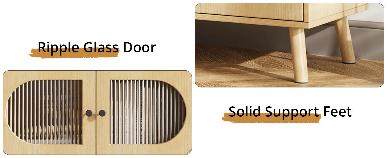 VOWNER TV Stand for 55/60/65 inches TV, Wood Media TV Cabinet with Glass Doors, Entertainment Center with Storage for Living Room, Bedroom, Oak