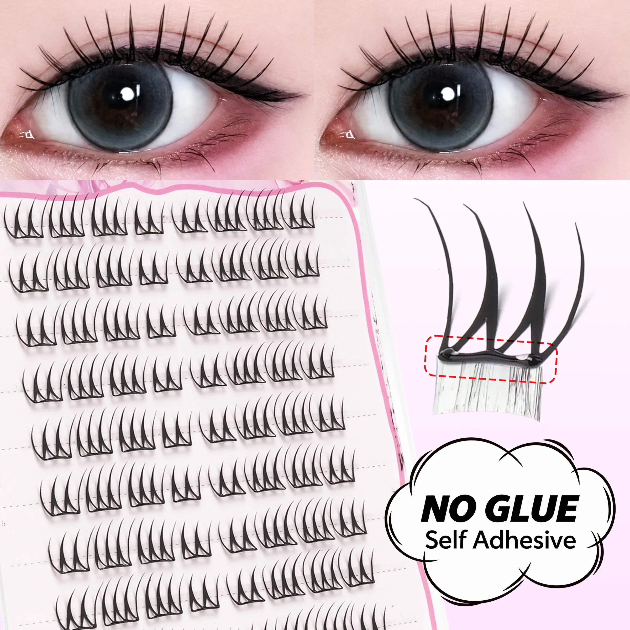 80 Pcs Korean Style Glue-Free False Lashes, Natural Look, Long & Thin, Self-Adhesive, Ideal for Commute, School, Travel, Daily Makeup