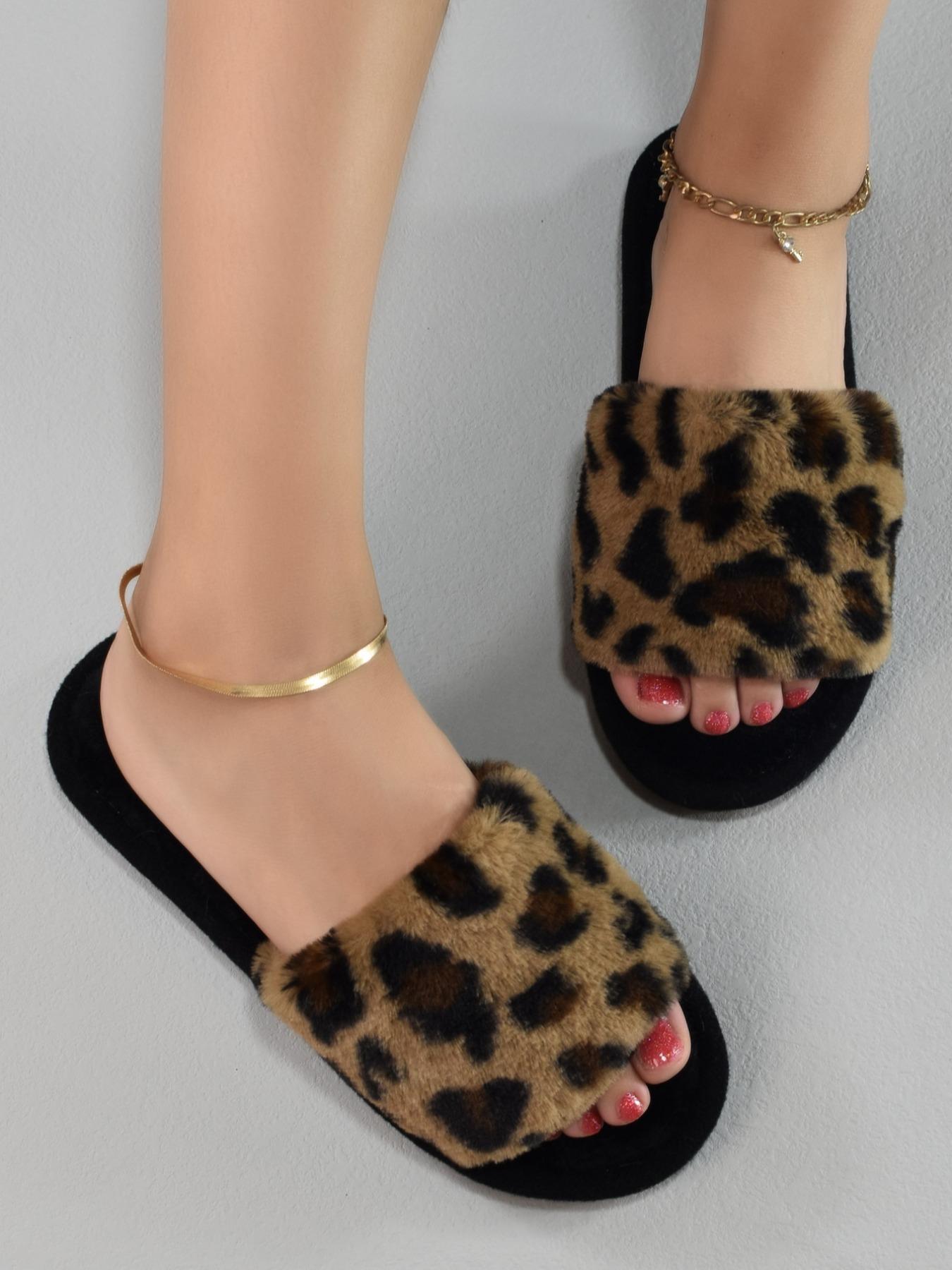 Women's Street Style Leopard Bedroom Slippers, Simple House Slippers with Open Toe Design, Casual Trendy Fluffy Fuzzy Slippers for Indoor for Fall & Winter, Footwear, Fall Outfits, Earthtone Fall Freshness, Birthday Gifts