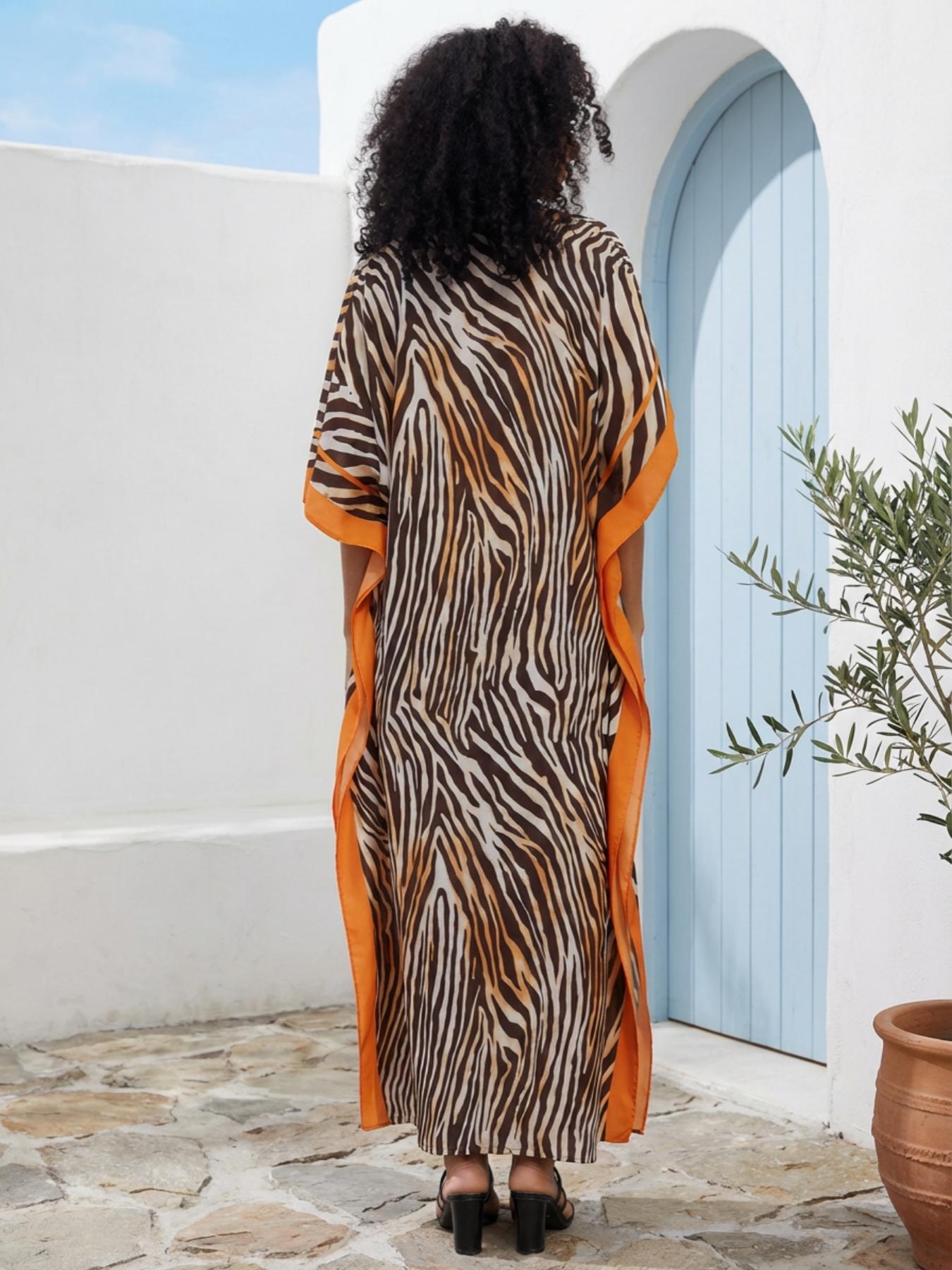 EDOLYNSA Striped Women's Casual Kaftan Long Dress Oversized Chic Bohemian House Robe Beachwear Vacation Bathing Suit Cover Up Lounge Wear Boho Summer Holiday