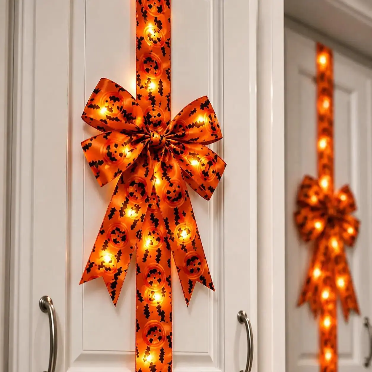 Lighted Halloween Cabinet Door Bow, 79" Large Orange Pumpkin Ribbon Wreath, Battery Operated Spooky Indoor Home Decor, Fits Standard Kitchen Cabinets(No Battery Included)