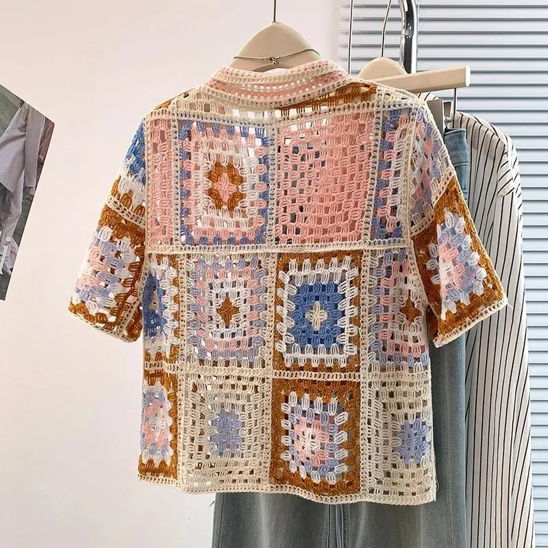 Granny Square Crochet Knit Shirt Button Front Collared Short Sleeve Open Stitch Blouse Summer Top Women Beach Festival