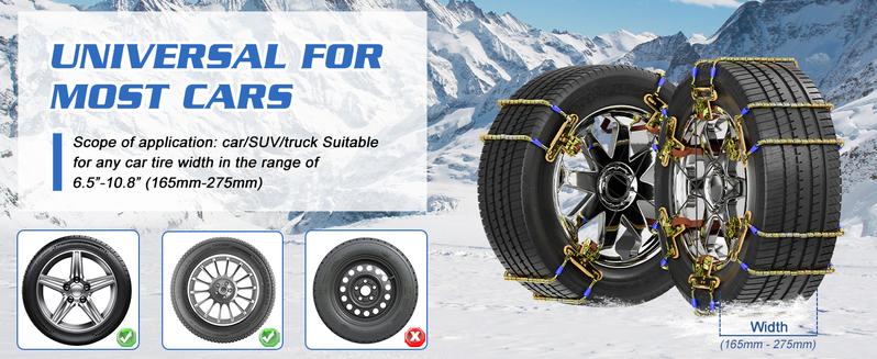 10 Pack Tire Snow Chains, Adjustable Universal for Car SUV Pickup Truck Anti-skid Snow Tire Chains for Tire Width 215-285mm, with Tool Kit