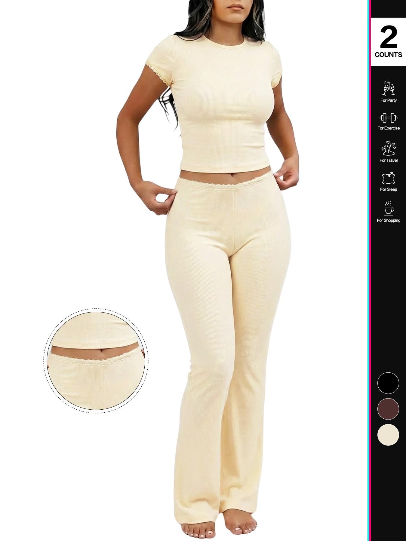 2026 Women's two-piece ribbed knit loungewear set, Fitted short-sleeved crop top, high-waisted flared pants, casual matching set, with lace trim on the cuffs