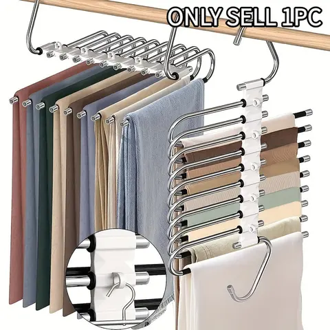 Space-Saving S-Type Pants Hangers with Clips - 9-Tier Non-Slip Organizer - Multifunctional Clothes Hanger - Extra 5 Hooks for Jeans, Trousers - Increases Closet Space by 80% Adjustable Hooks Hanger Clothes Hanger Organizers Space Saver Hangers
