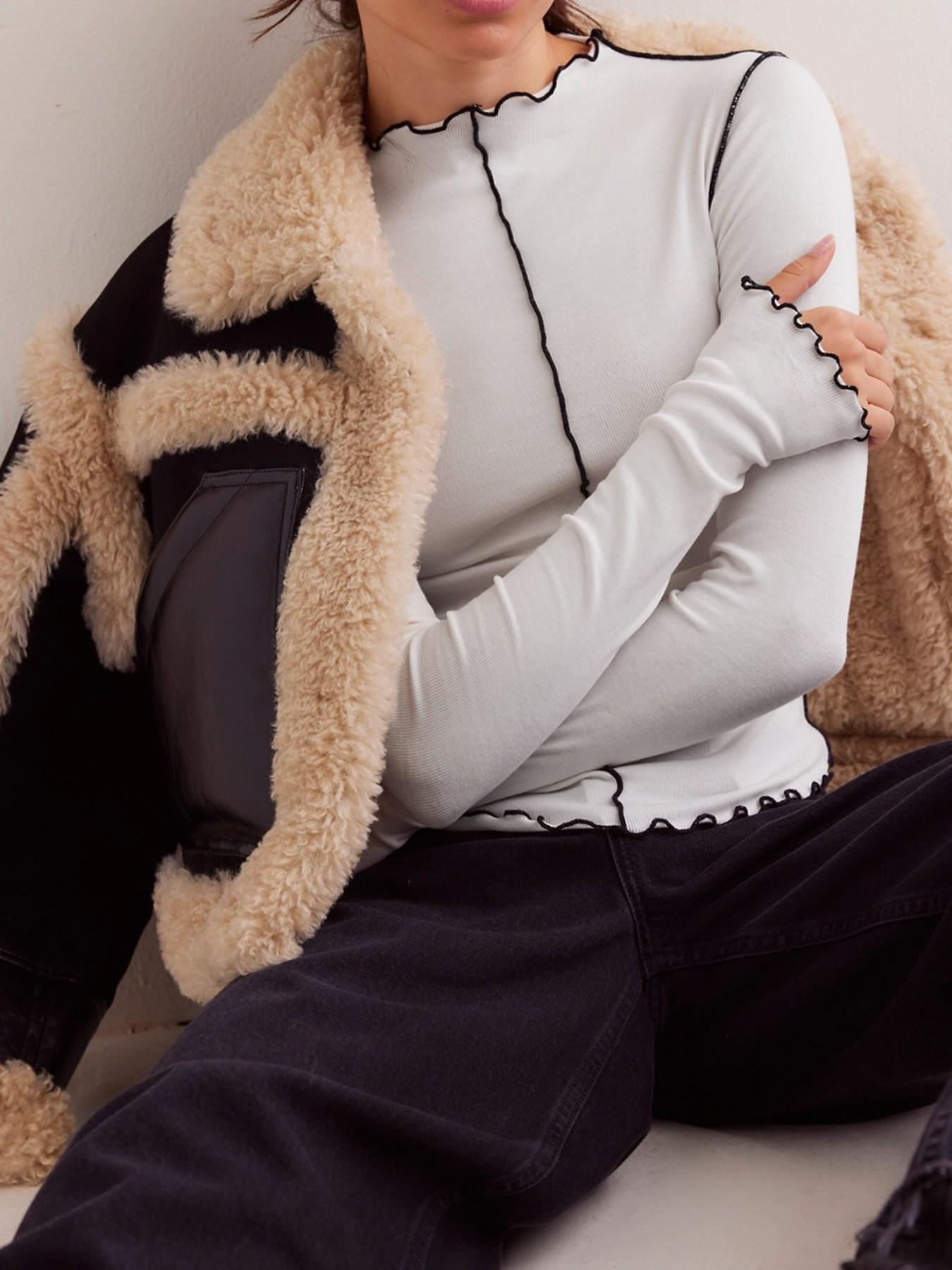 Women's New Colorblock Rolled Hem Half High Neck Long Sleeve T-Shirt, Trendy Slim Fit Versatile Top, Fashionable Basic Tee for Daily Wear