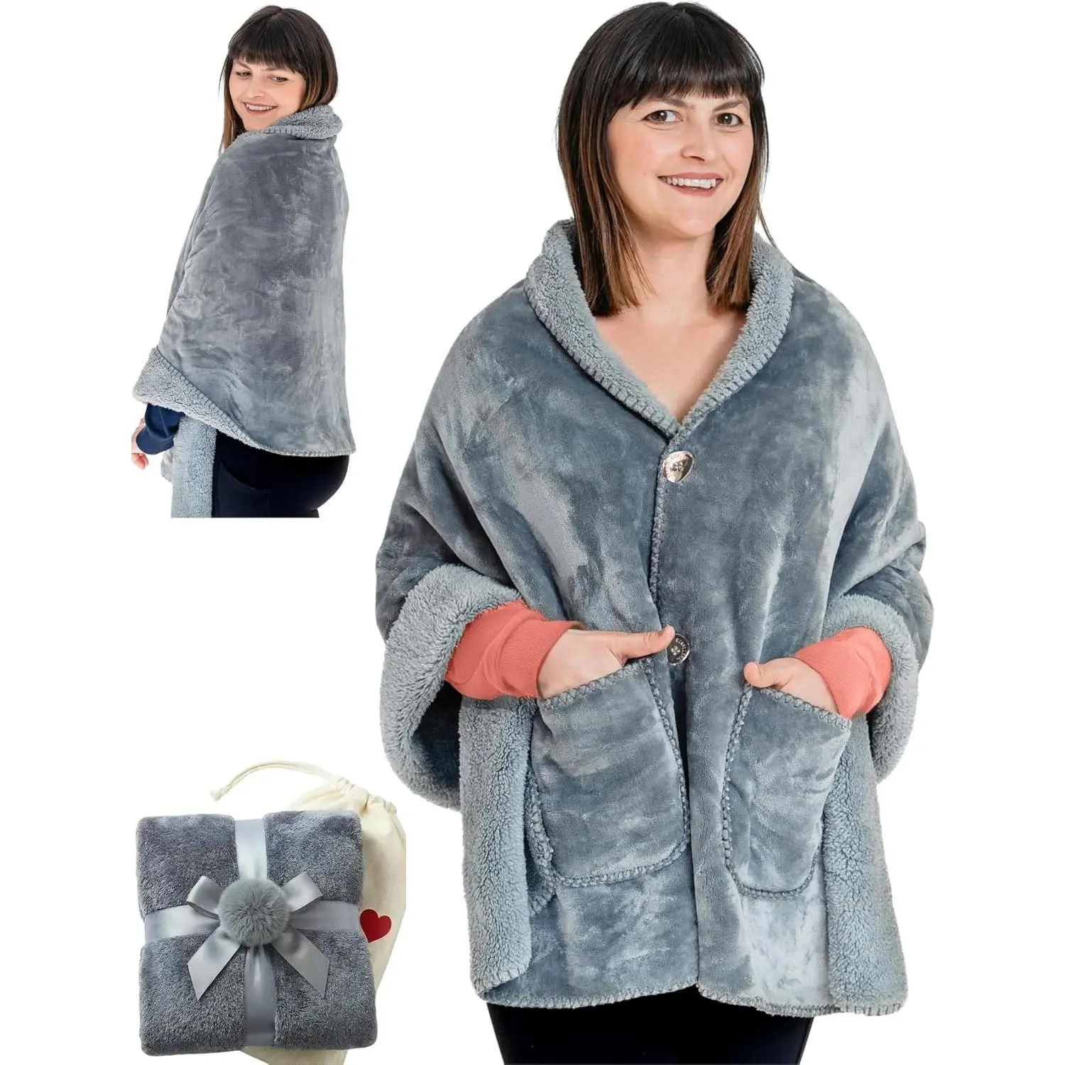 Double Layer Sherpa Poncho Blanket, Sleeveless Grey - Easy On/Off Warmth with Arm Freedom - Perfect Gift for Moms, Grandmas & Elderly WomenGift