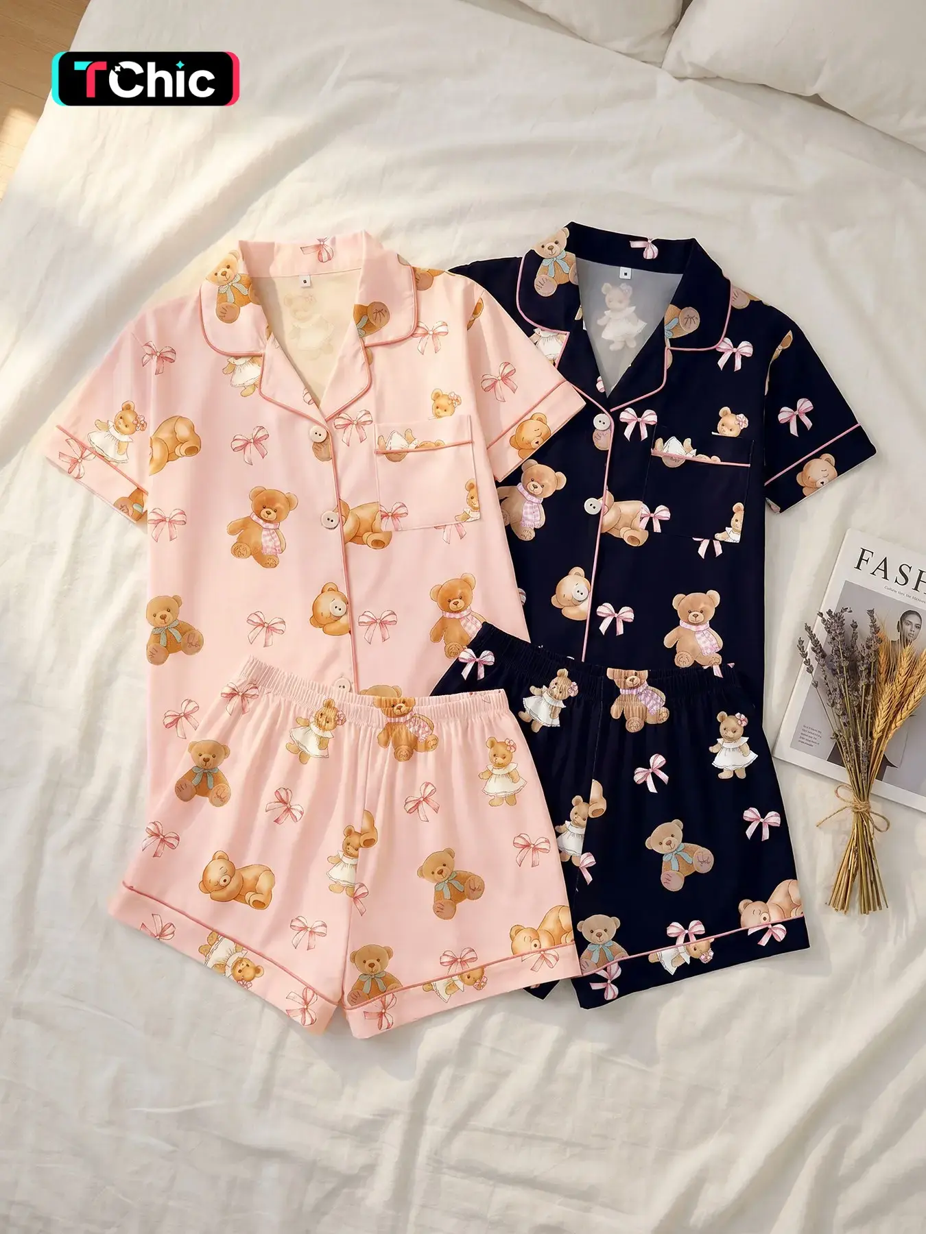 Women's 2 Pack Short Sleeve Button Down Top and Shorts Pajama Set, Spring Summer Wear, Versatile Daily Teddy Bear Print Set, Practical Style, Cozy Loungewear Sleepwear, Casual Sleepwear for Home & Daily Wear, Pyjamas