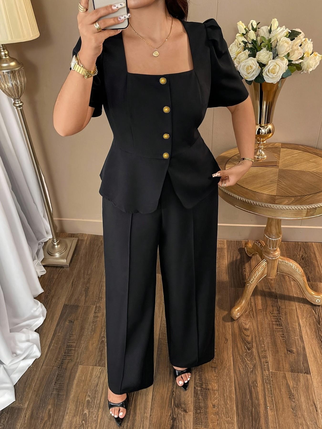 Women's Elegant Chic Minimalist Basic Blazer Set, Suits, Sleeveless Shirt & Ankle-Length Pants, Slim-Fit, All-Season, Business Casual, Perfect for Work & Leisure, Button