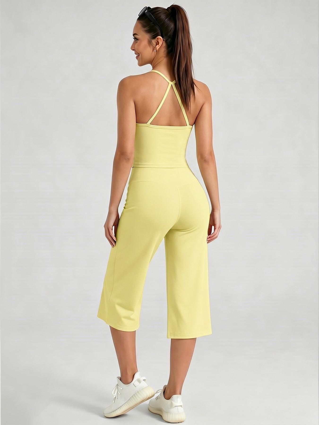 Women's Sporty Fitted Tank Top & High-Waisted Wide-Leg Pants Set, Breathable Solid Color, Ideal for Yoga, Casual Wear, Home Comfort, Athleisure Summer Clothes