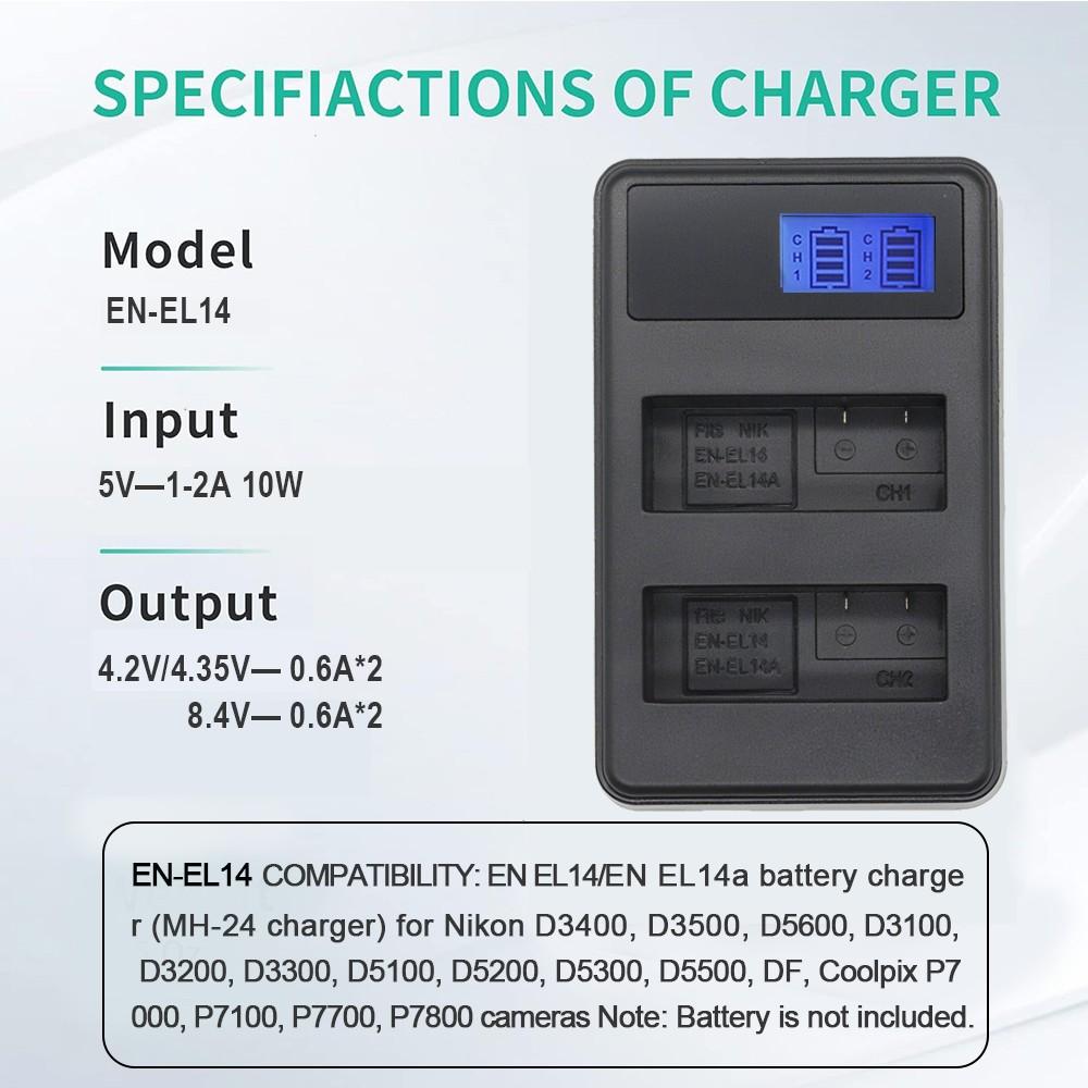 1Pcs EN-EL14 Dual Slot Camera Battery Charger, LCD Display, Suitable for Nikon MH-24 Charger, P7000, P7100, P7700, P7800, D3100, D3200, D3300 DSLR Camera Battery Charger (batteries not included in the product) 1Pcs EN-EL14 Dual Slot Camera Battery Charger, LCD Display, Suitable for Nikon MH-24 Charger, P7000, P7100, P7700, P7800, D3100, D3200, D3300 DSLR Camera Battery Charger (batteries not included in the product)