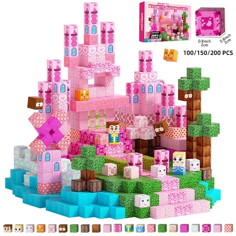 Pink Princess Castle Theme Magnetic Tiles, Magnetic Building Cubes, 150pcs/set Montessori STEM Toys, Building Blocks Set for Girls Ages 3–8, Creative Sensory Educational Building Kit, Birthday Gift for Kids