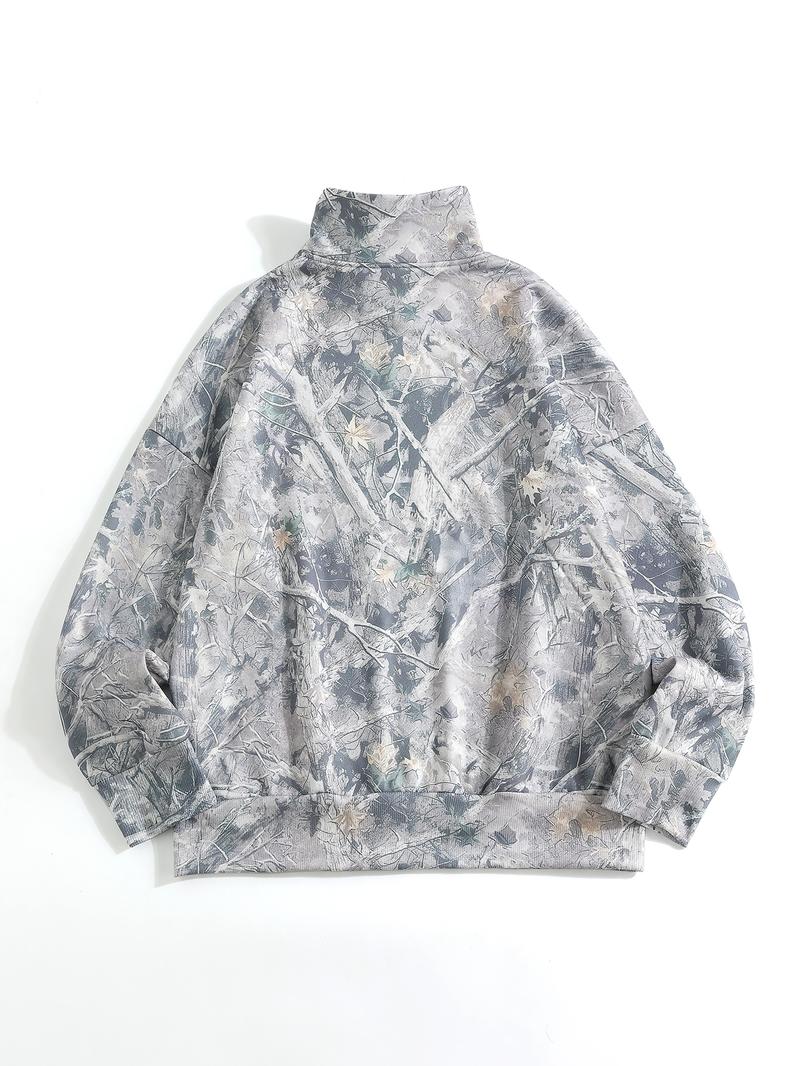 Women's Fashion Camo Zipper Half High Neck Sweater, Loose Fit Long Sleeve Casual Top, Comfortable All over Print Fall & Winter