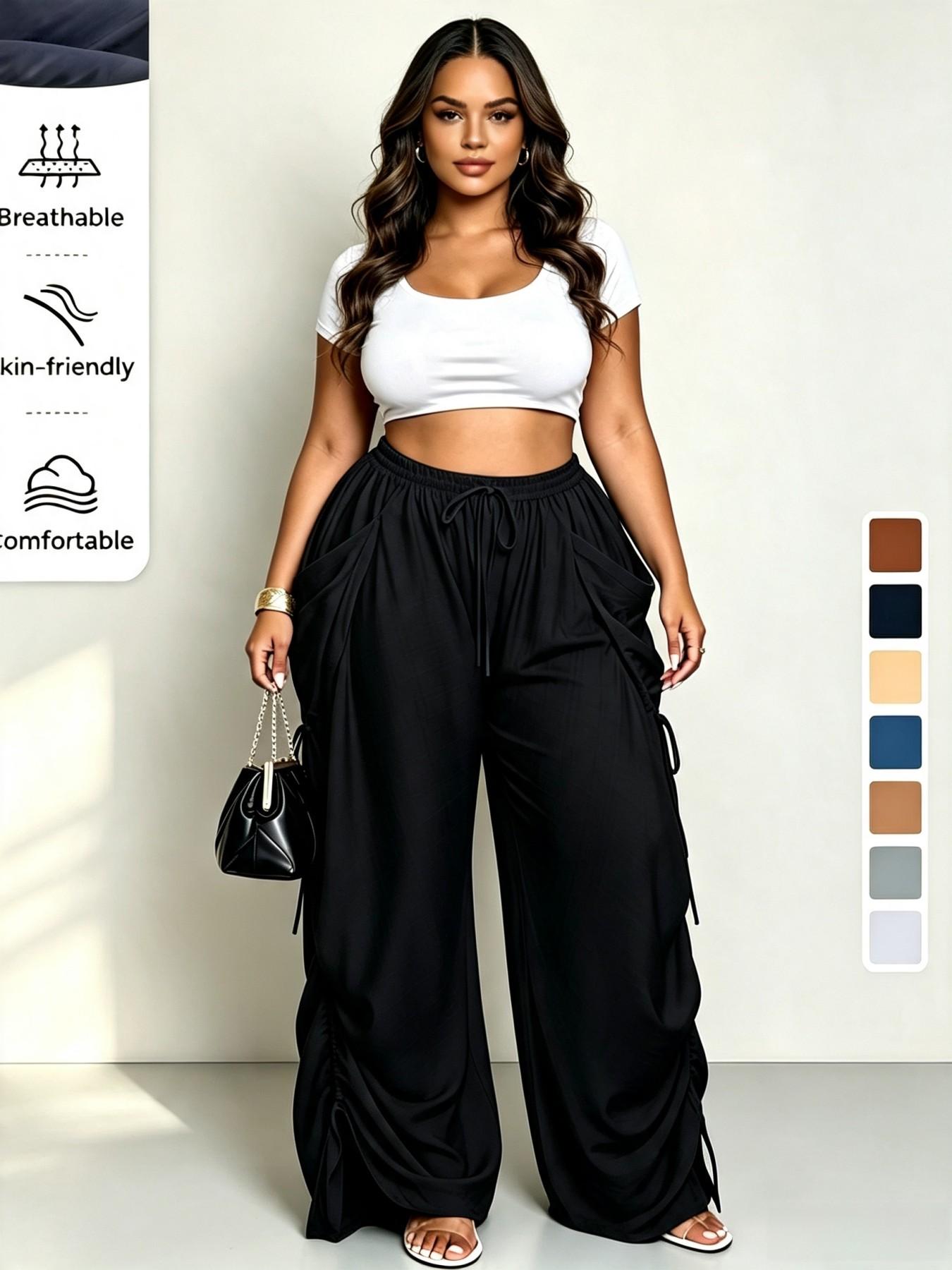 High-Waisted Drawstring Straight-Leg Pants for Women, Casual Comfortable Home Wear, Spring & Fall Fashion, Plain Pattern, Multiple Colors Available
