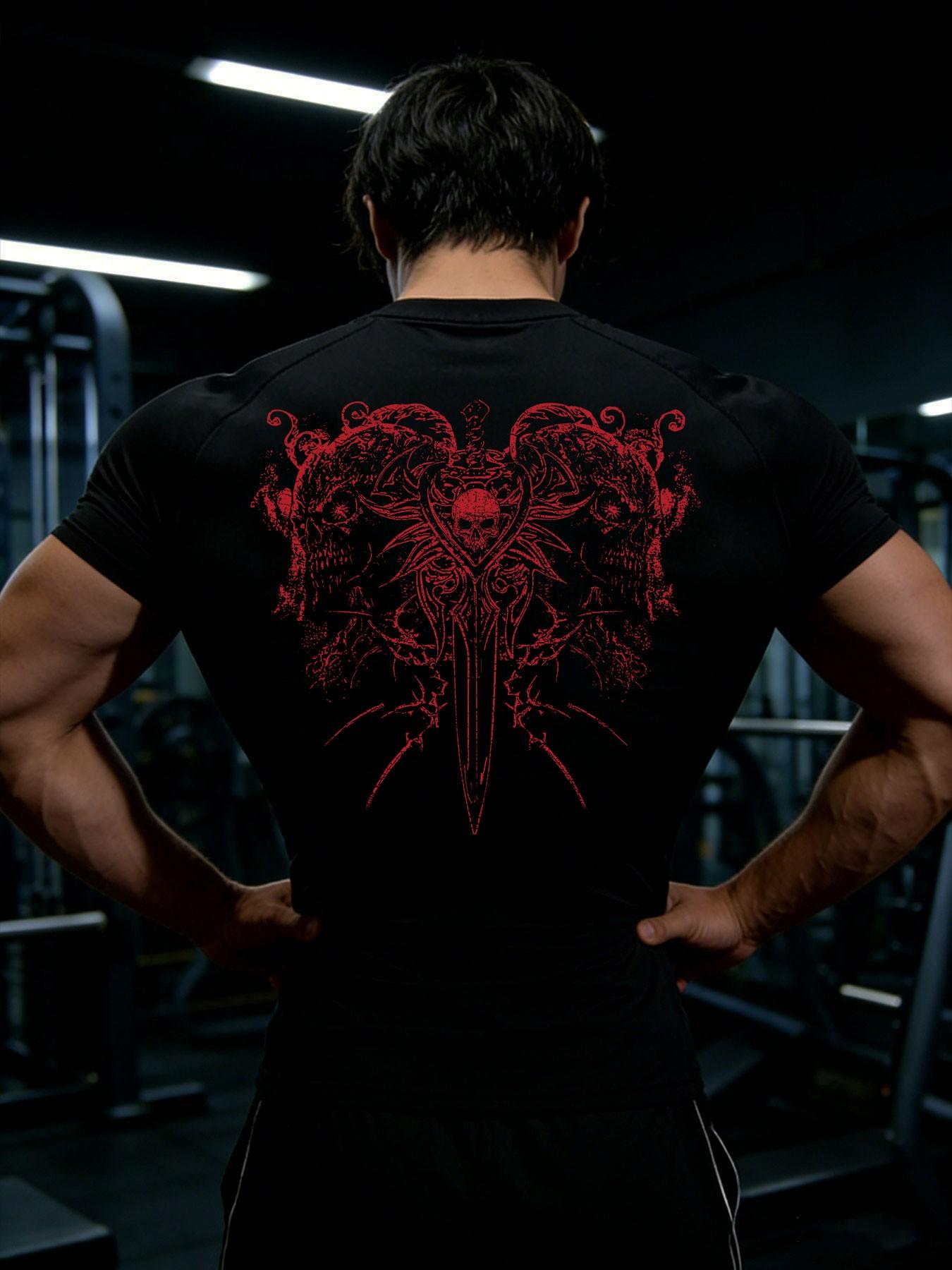 Men's Summer Compression Short Sleeve Y2K Thorns Skull Print Breathable Quick Dry Tight Fit Gym Shirt for Running Training Sports Top