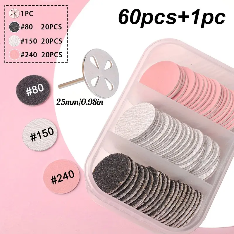 25MM 60PCS/BOX Replaceable Sanding Paper with 1PC Metal Disk, Pink Pedicure Nail Bit Sandpaper，for Foot Care Tool Accessories，Heels Pedicure Tools