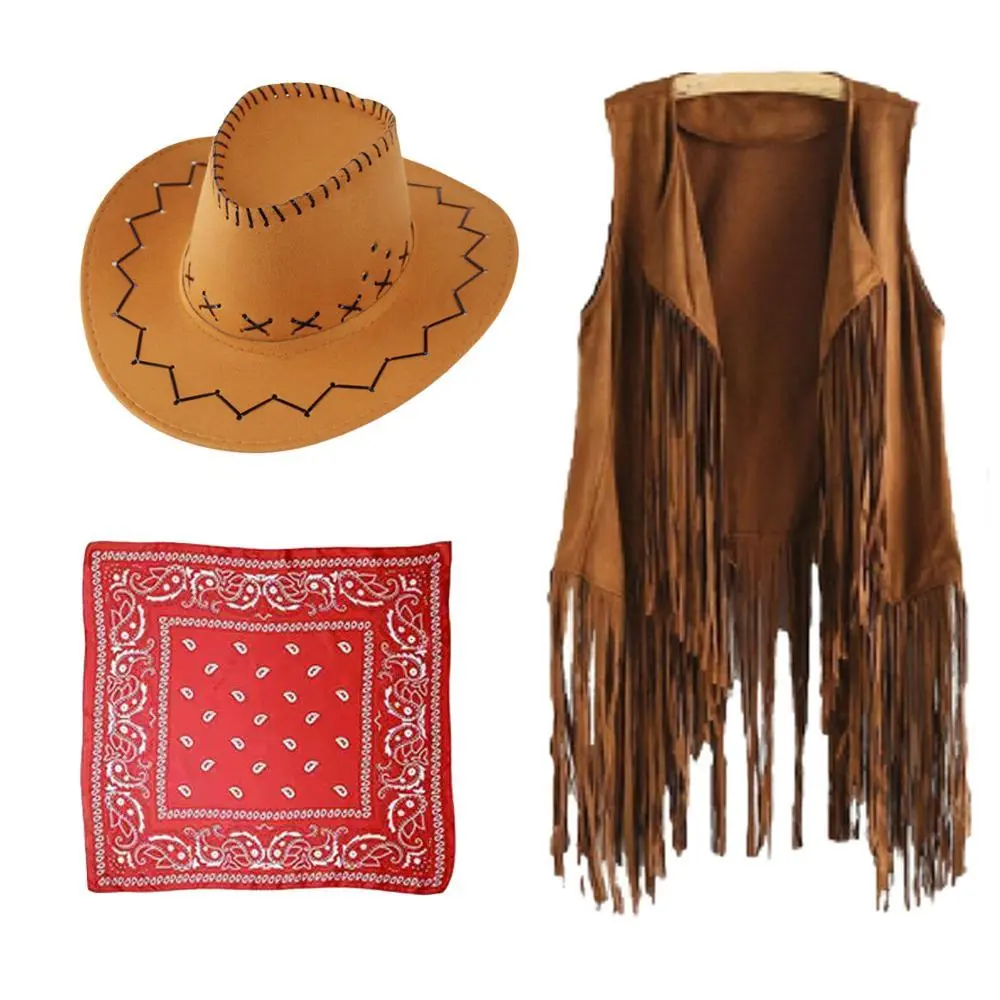 PESENAR Womens Western Cowgirl Costume 70s Hippie Tassels Fringe Vest outfit Hat