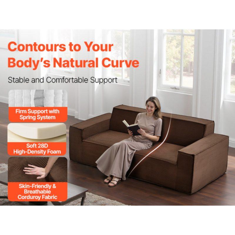 VEVOR 3-Seater Sofa in a Box, 83-Inch No Assembly Corduroy Couch with Memory Foam, Deep Seats for Living Room, Apartment, or Office, Brown