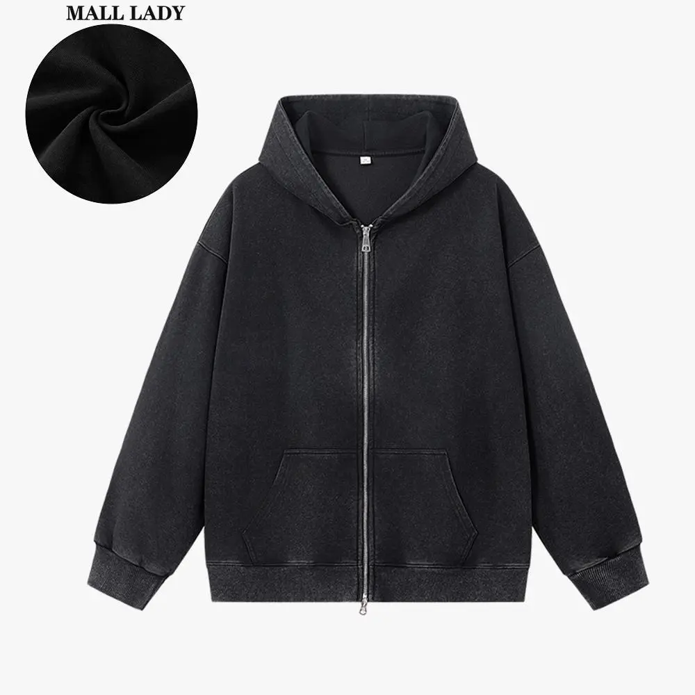 Mall Lady Vintage Y2K Unisex Hoodie Men's Casual Cotton blend Full Zip Long Sleeve Sweatshirt Pullover Sports Hooded Jacket Oversized with Pockets  free Rhinestone Denim Menswear
