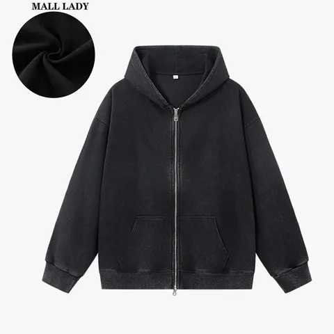 Women's 2000s Vintage Unisex Full-Zip Hoodie - Lady, Minimalist Basic Longsleeves, Buttery Soft Breathable Blend, Plus Size Casual Loose Sweatshirt with Pockets, Oversized Plain Hooded Jacket, Free Rhinestone Denim Accent Piece, Airy Cool for Errands