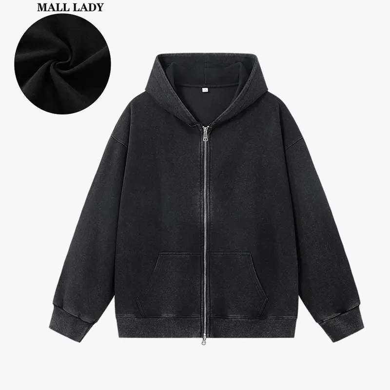 Women's 2000s Vintage Unisex Full-Zip Hoodie - Lady, Minimalist Basic Longsleeves, Buttery Soft Breathable Blend, Plus Size Casual Loose Sweatshirt with Pockets, Oversized Plain Hooded Jacket, Free Rhinestone Denim Accent Piece, Airy Cool for Errands