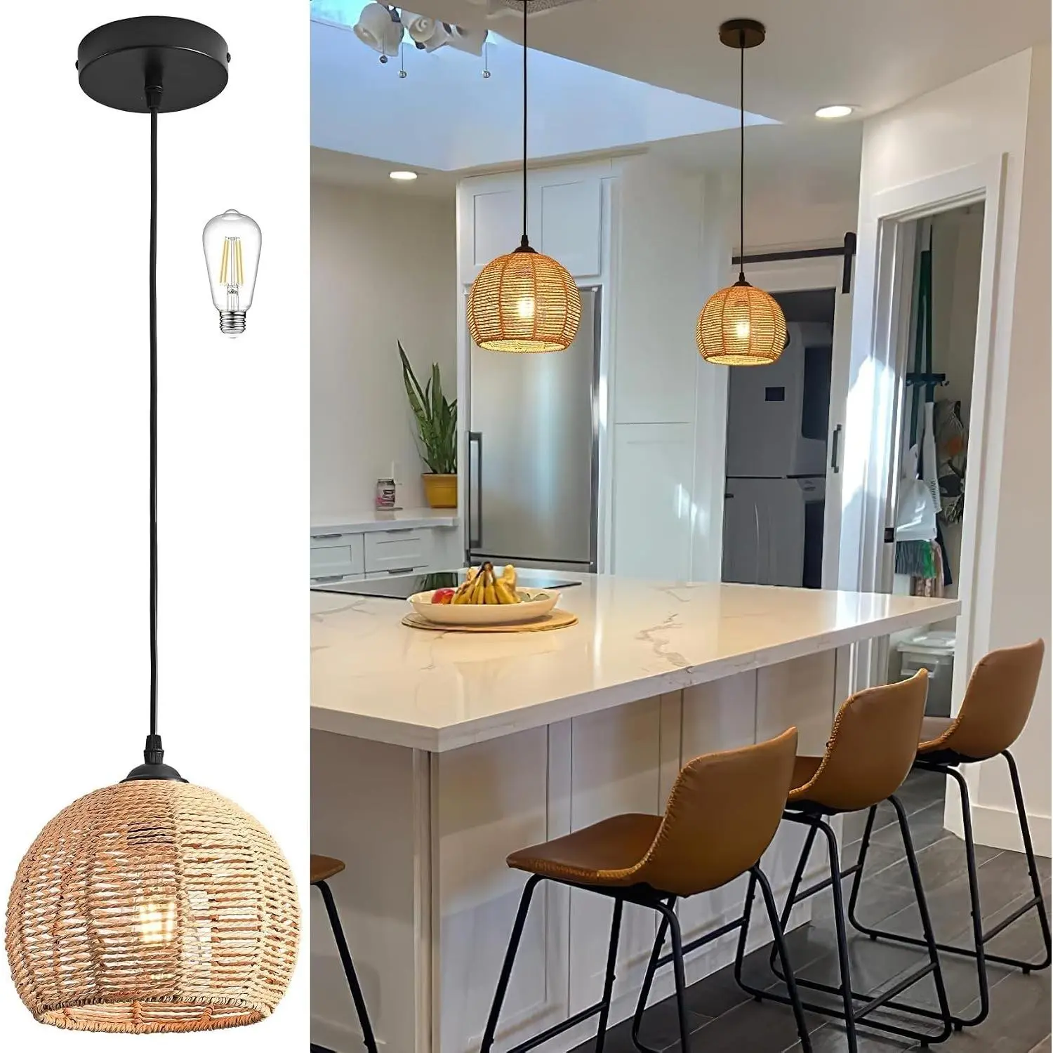 Mini Hemp Rope Woven Pendant Light Boho Chandelier Wicker Rattan Dome for Bedroom Kitchen Island (Bulb Included)