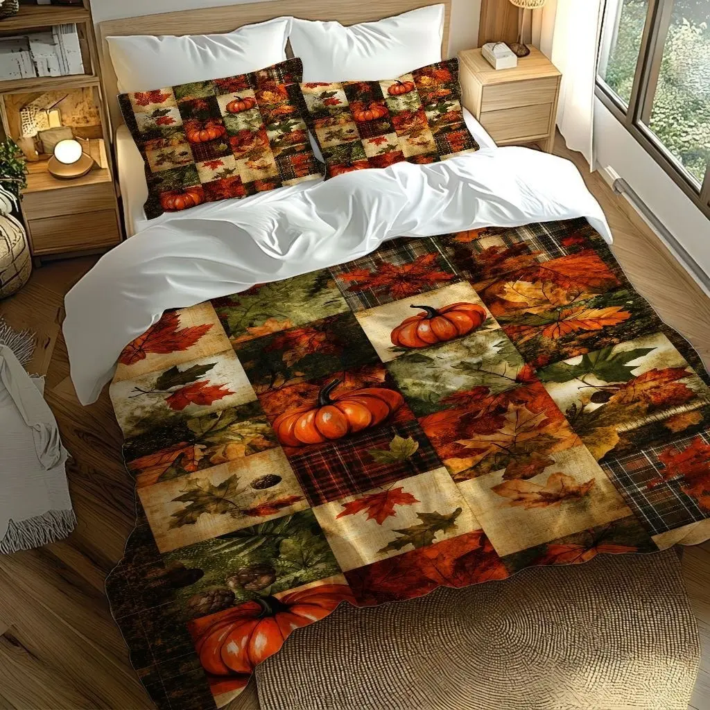 3Pcs Autumn Patchwork Duvet - Vibrant Pumpkin and Leaf Print Design, Cozy Bedding (1 Cover + 2 Pillowcases, Unfilled) Ideal for Bedroom Dorm Home Decoration.