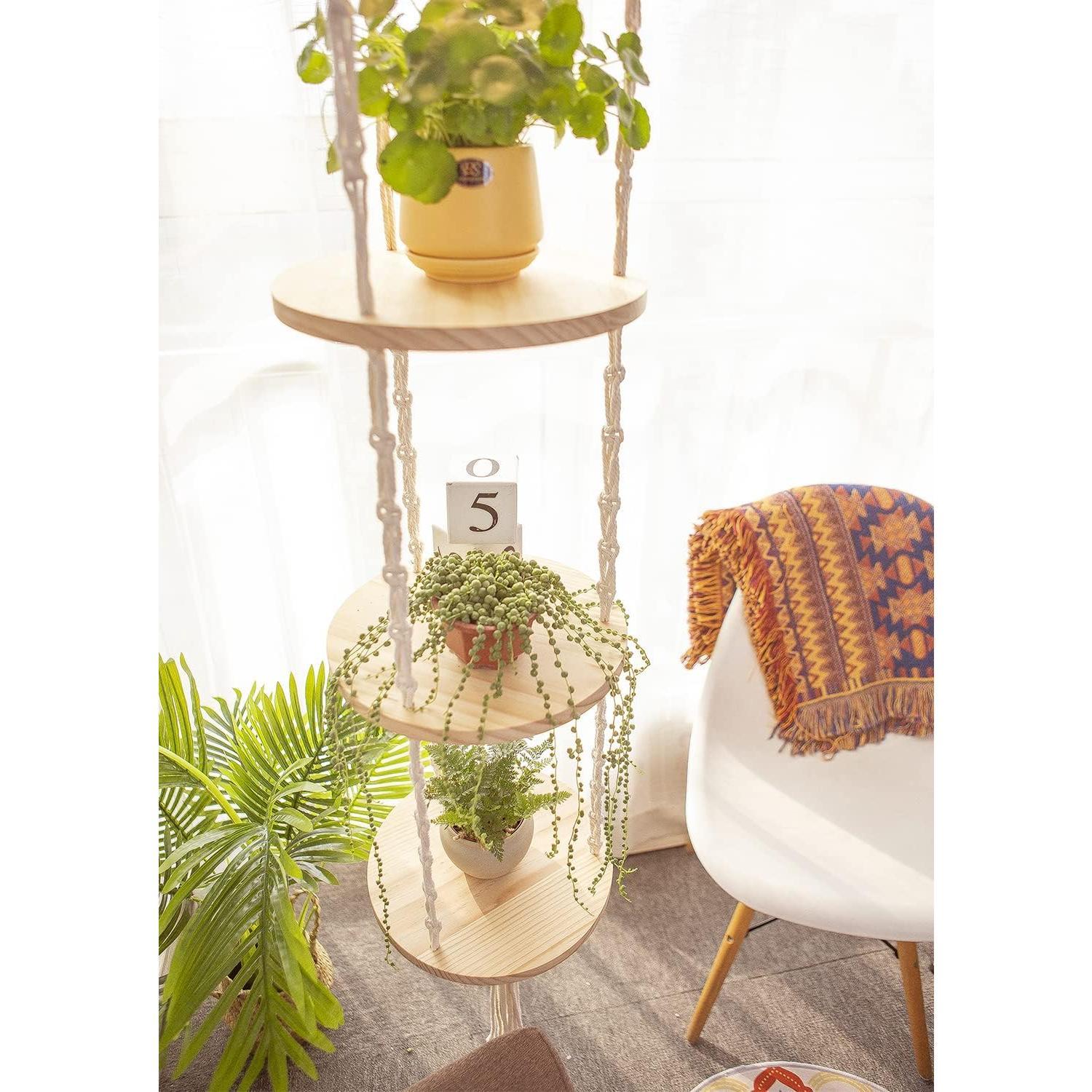 Macrame  Hanger Shelf  Rope Shelf Indoor with Boho Lamp Shade 3 Tier Floating Round Shelves Decorative Shelf Flower Pot Holder Planter Display Rack Boho  Decor-1 Set