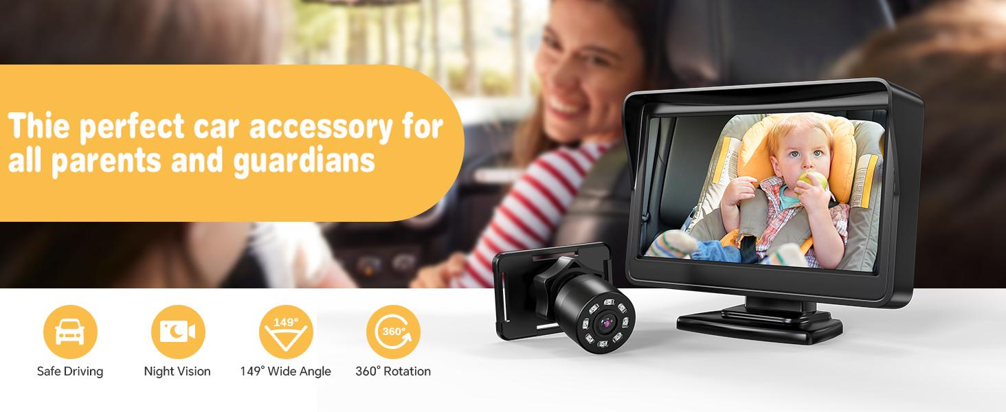 Car Mirror, Car Monitor 4.3'' HD  Display with Night Vision Feature, Rear Facing Seat with Wide Crystal Clear View
