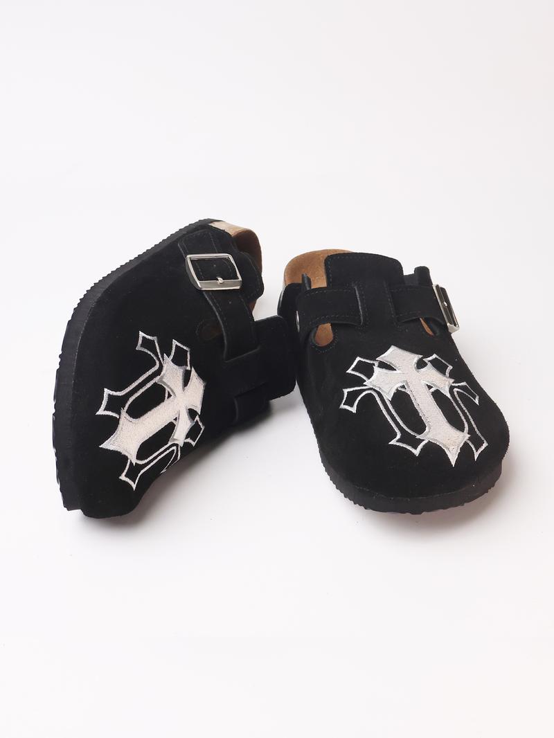 Embroidered Leather Sandals, Punk Style Cowhide Mules, Men's casual clogs Shoe Less Than Ankle Height, All Seasons, Rubber Sole Material, Stylish Punk Clogs