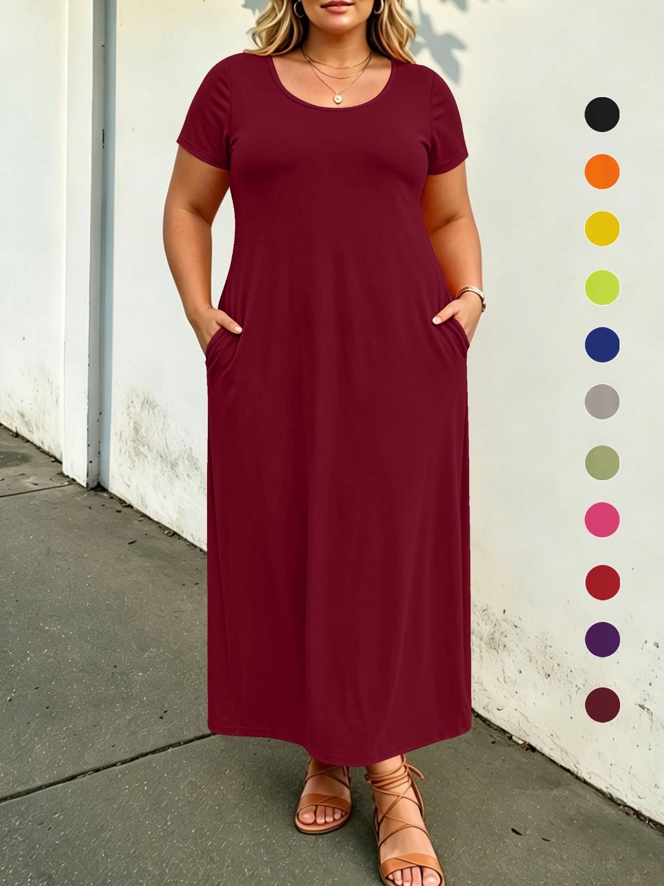 Plus Size Solid Color Loose Maxi Dress, Short Sleeve, Round Neck, Side Pockets, Curvy Daily Wear, Tummy Hiding