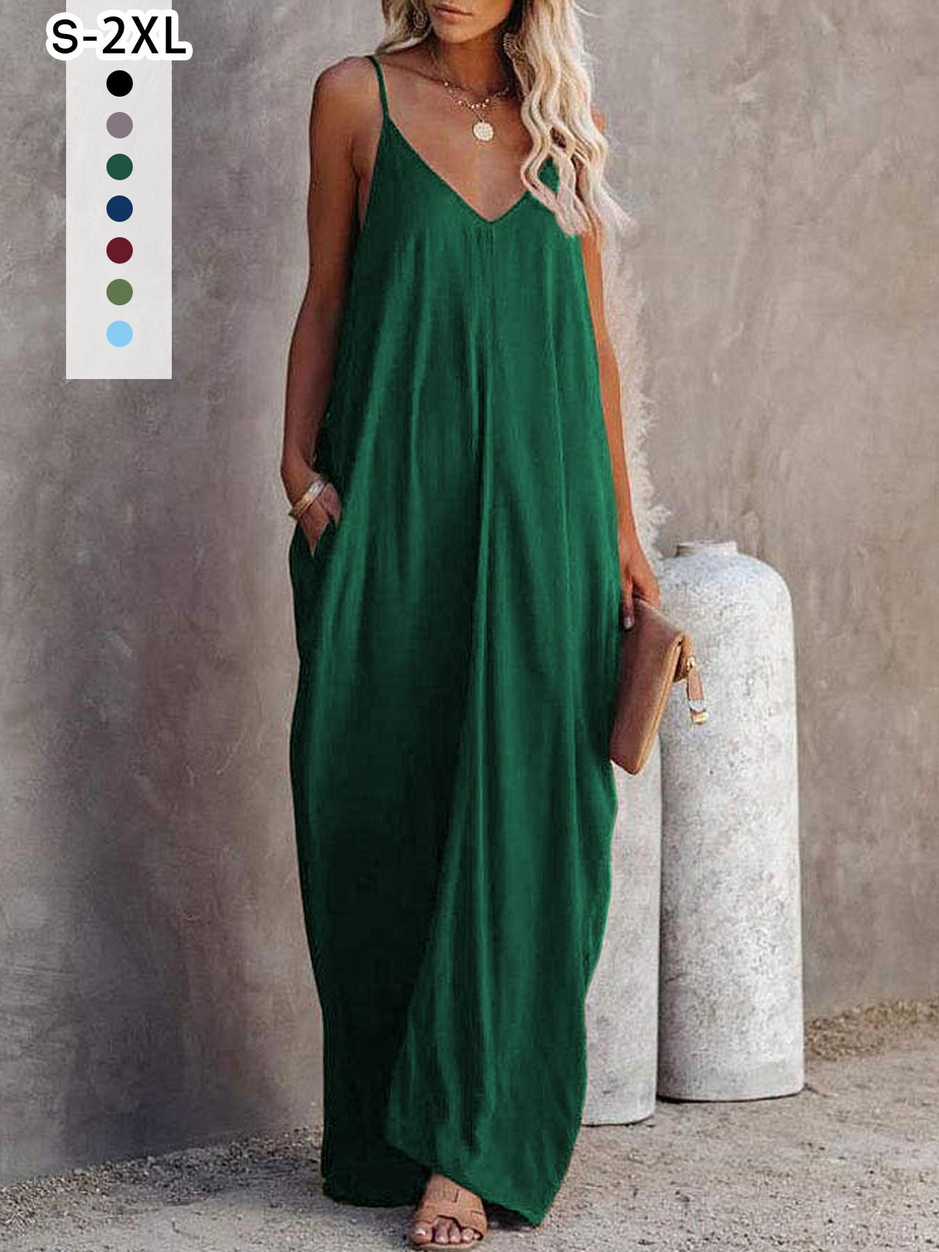 Women's Summer Casual Sleepwear Loungewear Slips Dress, Sleeveless V-Neck Long Dress with Side Pockets, Wearable Outdoors, 1 Piece Set