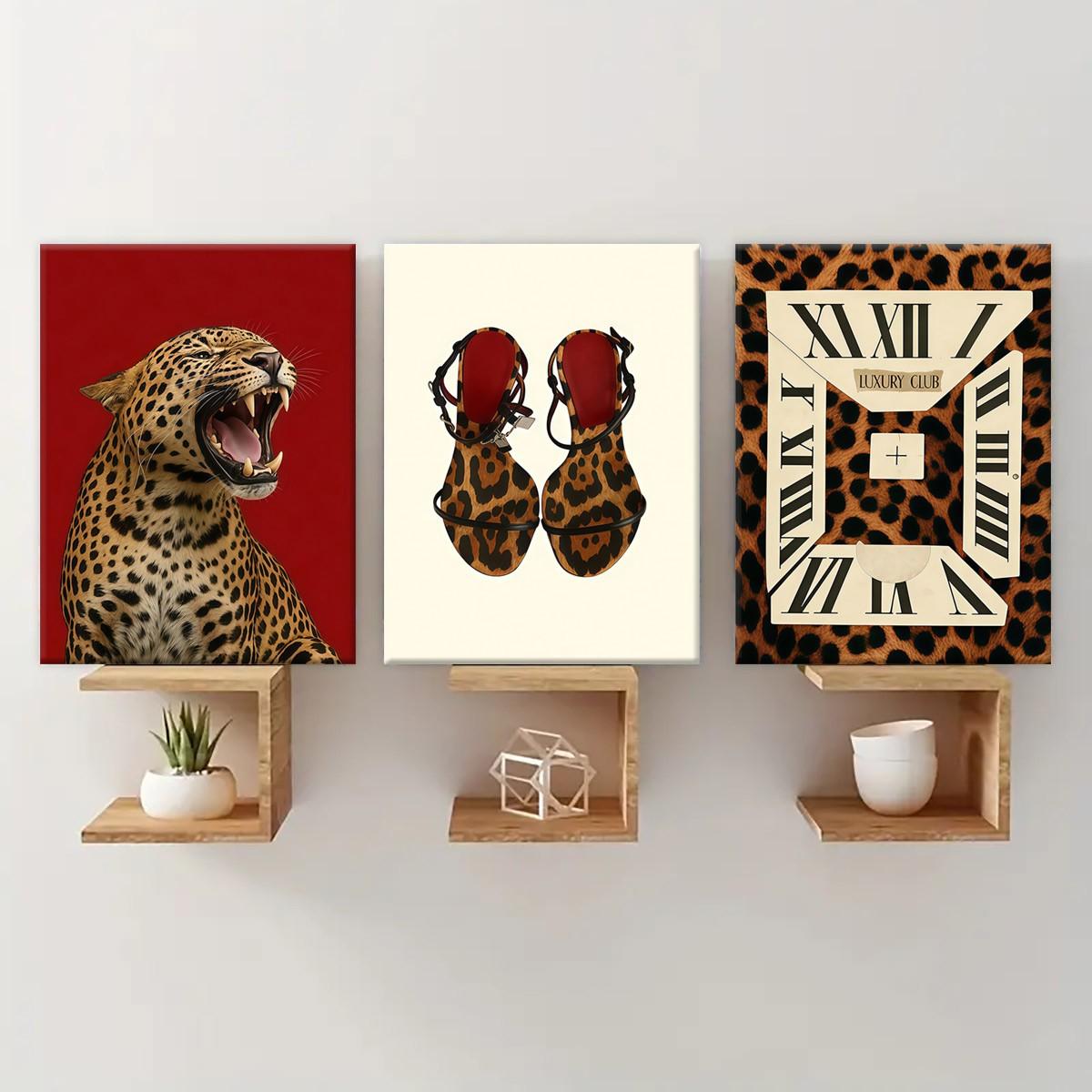 3-Pack Wood Frame Canvas Posters, Vintage Leopard Print High Heels Decor, Modern Living Room Art, Waterproof, Gift Idea