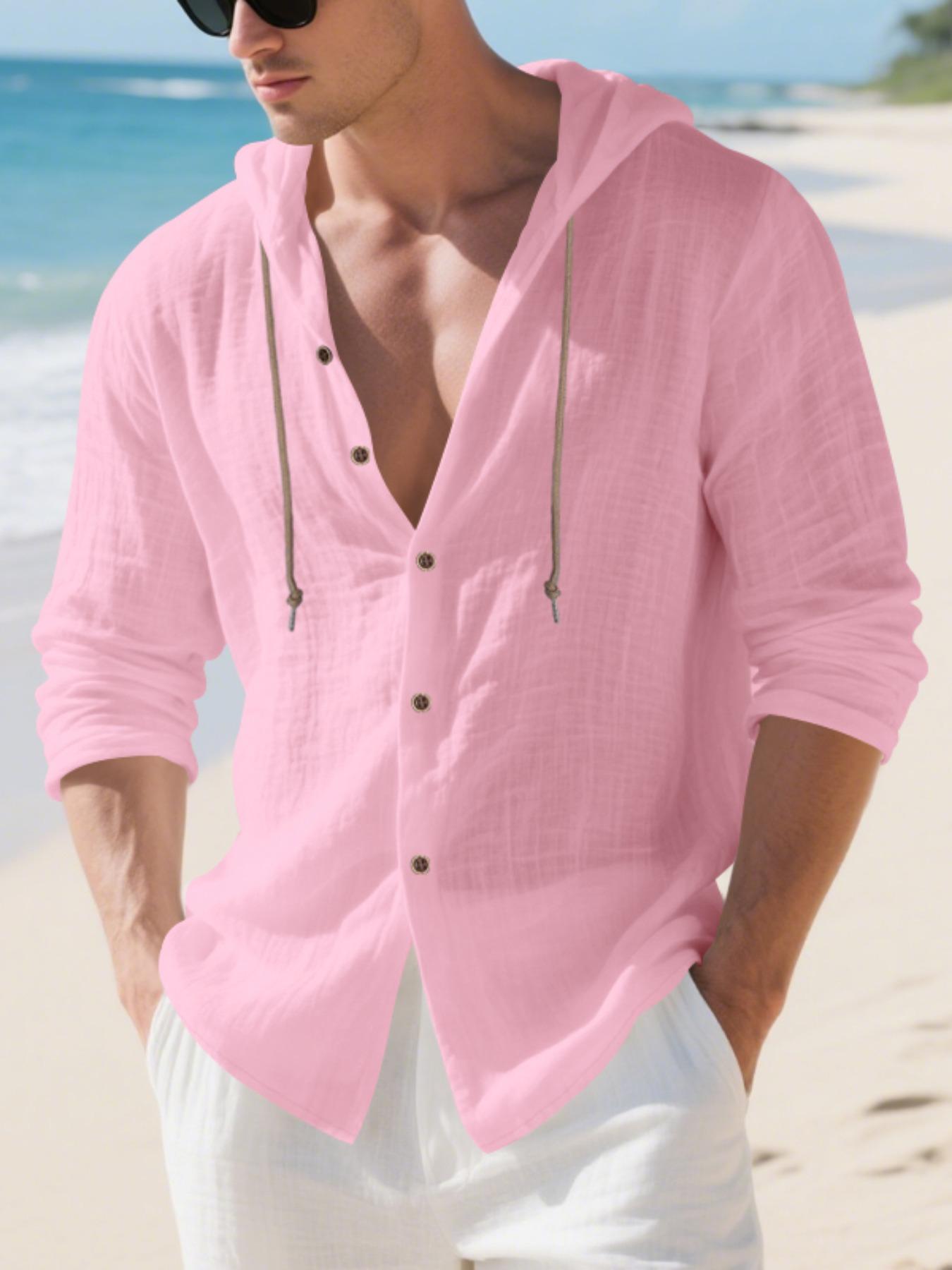 Men's Solid Color Linen Hooded Long Sleeve Shirt, Loose Fit Casual Beach Vacation Style, Comfortable Spring Summer Fashion