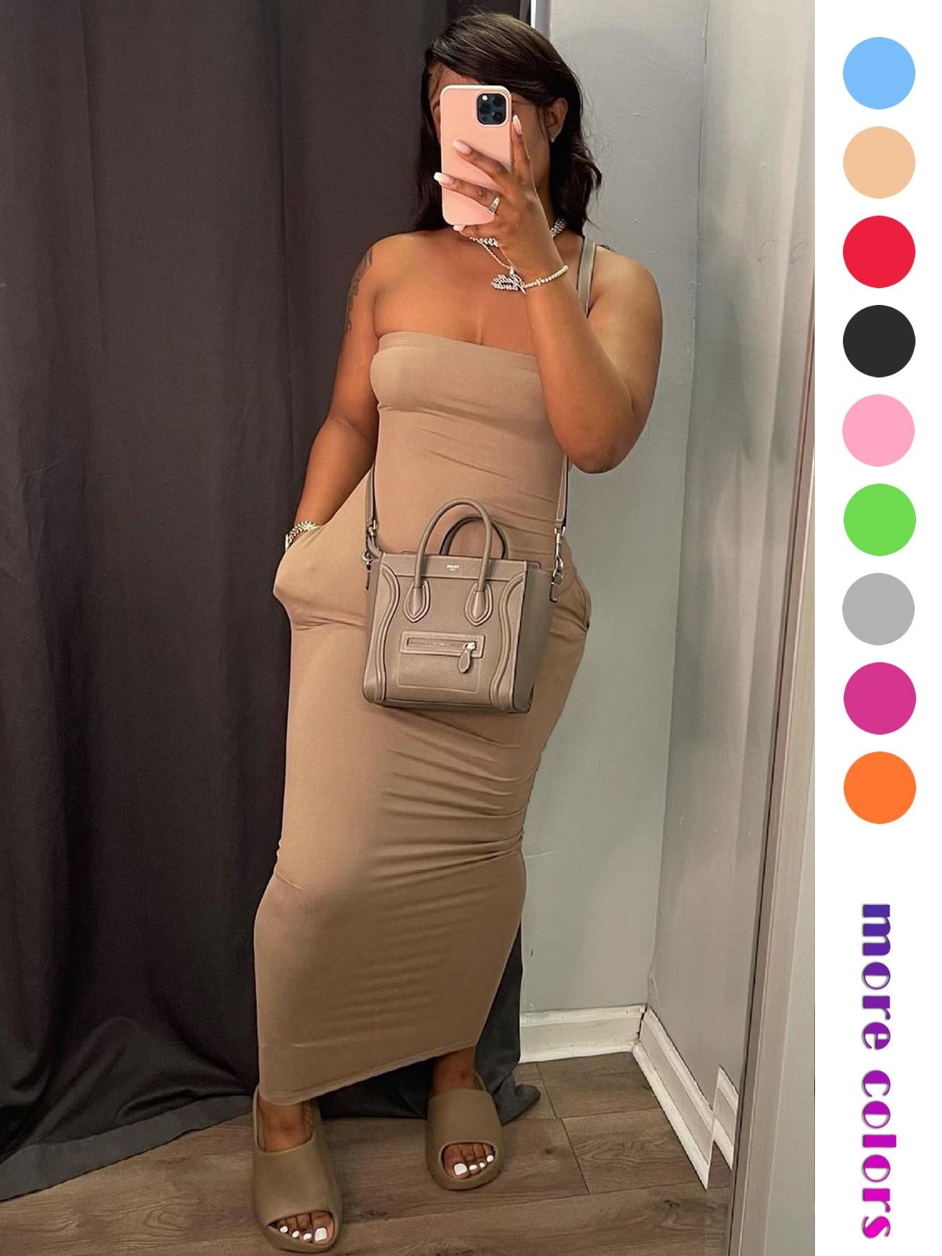 Women's 2026 Summer Tube Top Bodycon Maxi Dress, Sleeveless Ruched Backless Long Dress with Pockets, Stretchy Casual Going Out Vacation Party Dress for Women, Multiple Colors Available
