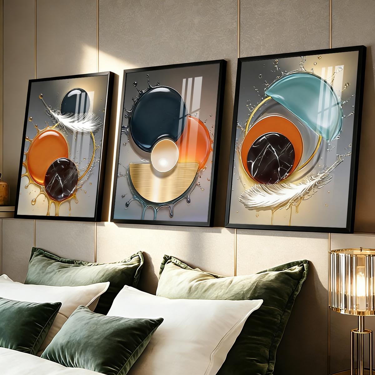 3 Counts Aluminum Alloy Framed Painting, Abstract Color Liquid Splash And Feather Art, Home Decoration For Living Room, Bedroom, Office, Restaurant, Hallway Wall Decor, Odorless Print Artwork, Luxury Perfect Gift For Friends And Family