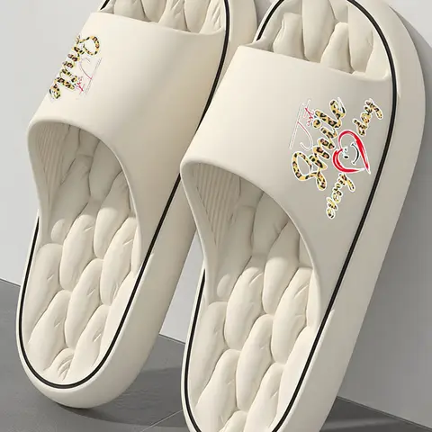 Leopard Print Letter Smile & Heart Graphic Cloud Slides, Ultra-Soft EVA Pillow Slippers, Non-Slip Casual Slides for Women, Cozy Indoor & Outdoor Slippers, Footwear, Runs Small — Wide-Foot Buyers Please Size Up One Size