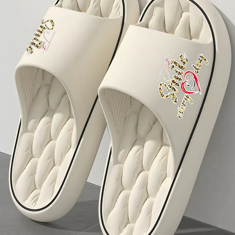 Leopard Print Letter Smile & Heart Graphic Cloud Slides, Ultra-Soft EVA Pillow Slippers, Non-Slip Casual Slides for Women, Cozy Indoor & Outdoor Slippers, Footwear, Runs Small — Wide-Foot Buyers Please Size Up One Size