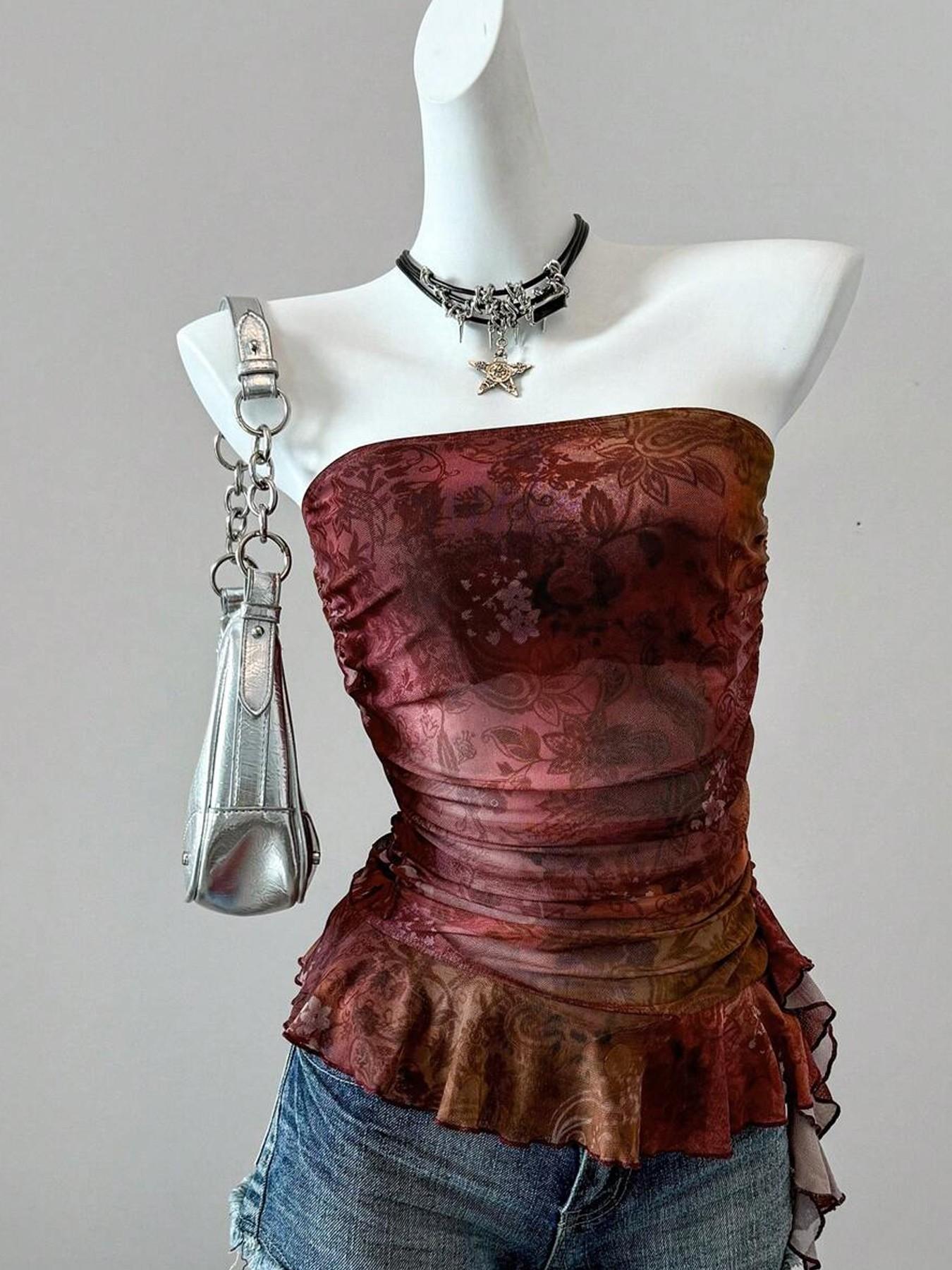 This Sheer Floral Tube Top is Grunge Fairy Y2K Vibes 🦋 | Ruched Ruffle Hem Mesh Top