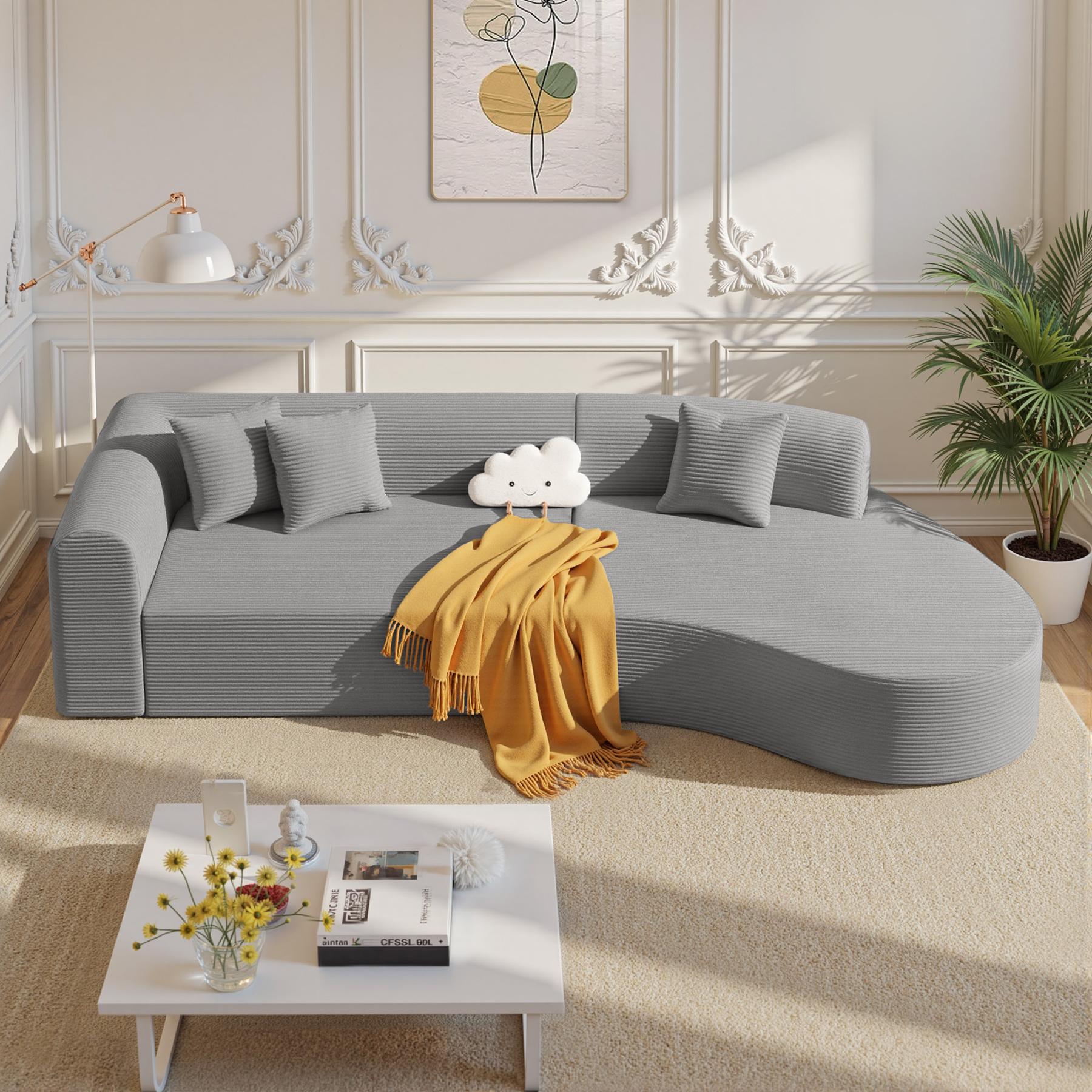 【Shipped in Two Packages】Modern Style Curved Sofa, Upholstery Corduroy Sofa Couch with 3 Pillows, Oversized Sleek Curved Sectional Boucle Fabric Couch for Living Room White