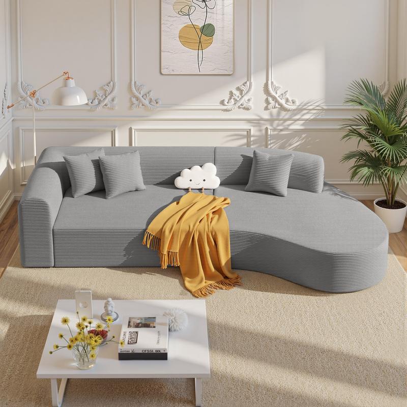 【Shipped in Two Packages】Modern Style Curved Sofa, Upholstery Corduroy Sofa Couch with 3 Pillows, Oversized Sleek Curved Sectional Boucle Fabric Couch for Living Room White